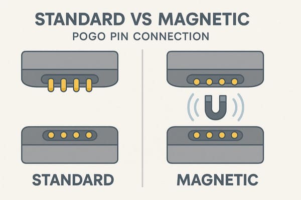Comparison table showing standard vs magnetic pogo pin connection features