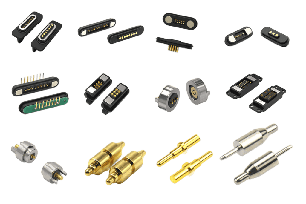 A variety of magnetic connectors, including pogo pins, in assorted shapes, sizes, and colors with gold and silver contacts. Neatly arranged against a white background, they showcase innovative designs for electronic applications.
