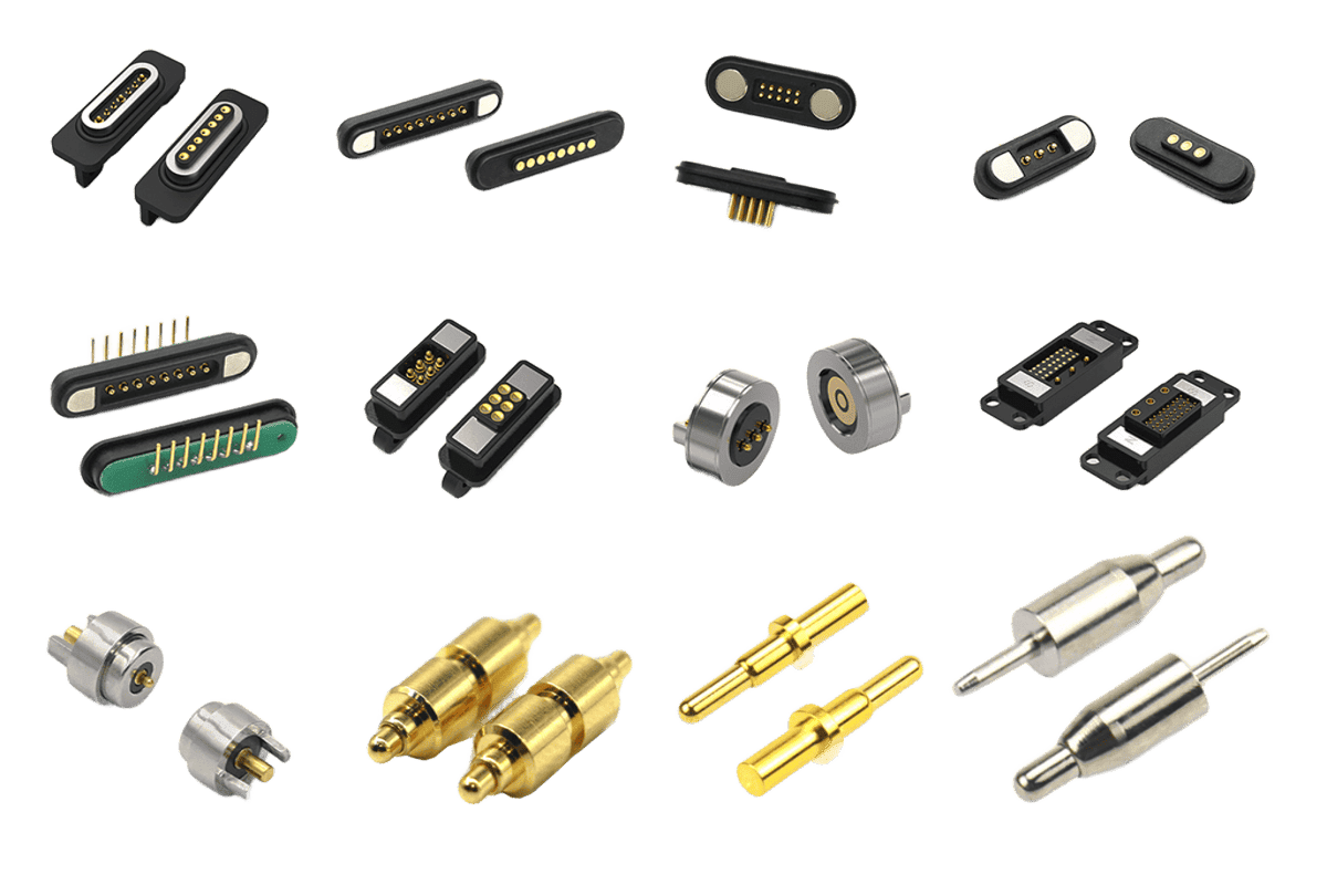 A variety of magnetic connectors, including pogo pins, in assorted shapes, sizes, and colors with gold and silver contacts. Neatly arranged against a white background, they showcase innovative designs for electronic applications.