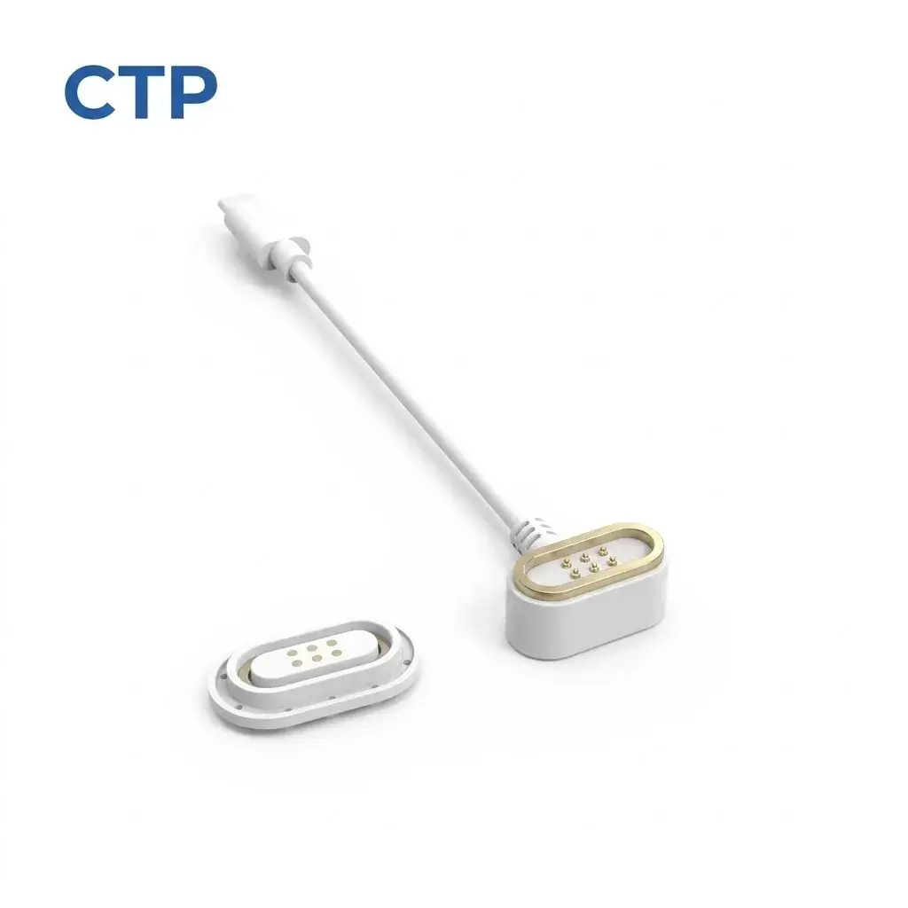 Custom white 6 pin magnetic charging cable system with 20V 2A fast charge capability