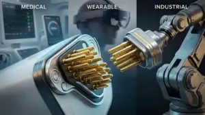 Custom gold-plated multi-pin magnetic connectors designed for medical devices, smart wearables, and industrial robotics, showing breakaway feature by CTP