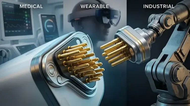 Custom gold-plated multi-pin magnetic connectors designed for medical devices, smart wearables, and industrial robotics, showing breakaway feature by CTP